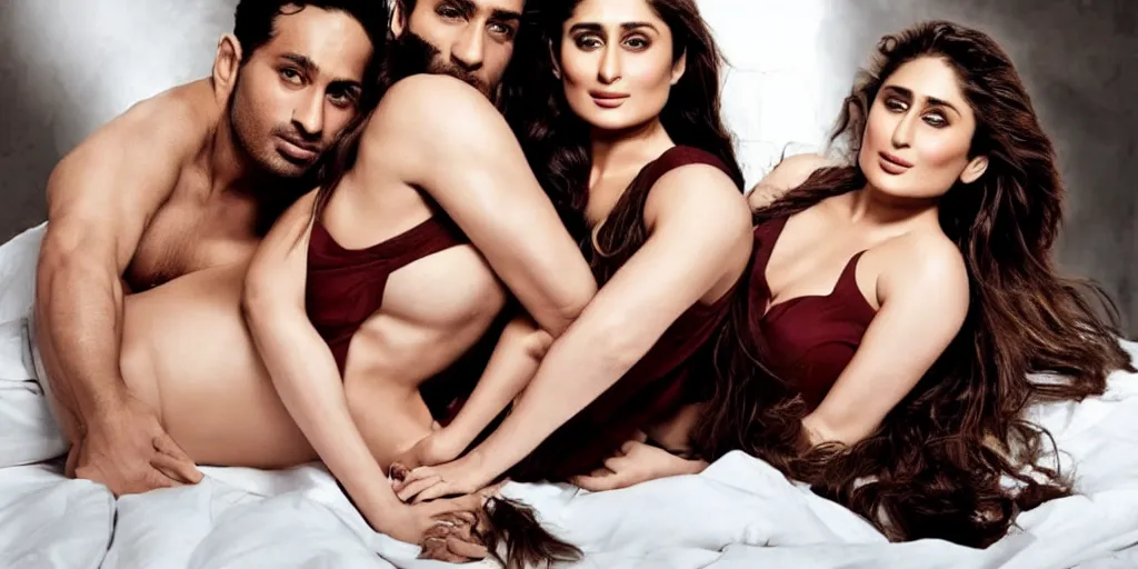 Image similar to kareena kapoor make threesome the bed, natural lighting, hyper detailed, photographic, cinematic lighting, studio quality.