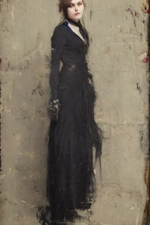 Prompt: Richard Schmid and Jeremy Lipking full length portrait painting of a young beautiful victorian goth detective woman with her hands in her pockets