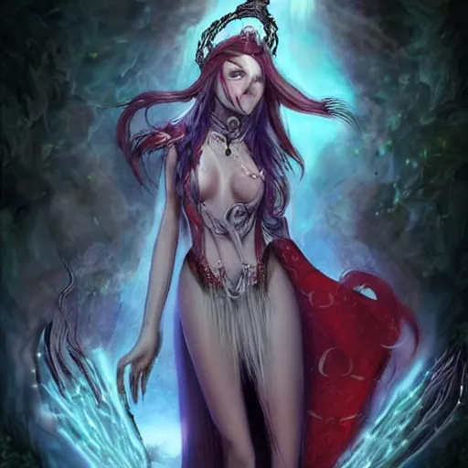 Prompt: beautiful female sorceress, ornately dressed, royalty, dungeons and Dragons, red hair, glowing eyes, realistic