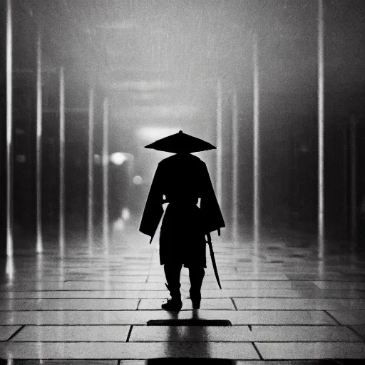 Image similar to a samurai walks alone through a mall at night, gloomy, dark, foggy, night, ominous, dark color, atmospheric, cinematic lighting, intricate detail?