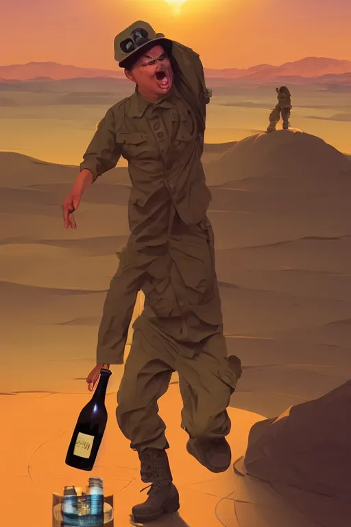 Prompt: funny drunk soldier with bottle in his hand in the desert, smooth face, centered median photoshop filter cutout vector behance hd by artgerm, jesper ejsing, by rhads, makoto shinkai and lois van baarle, ilya kuvshinov, rossdraws, illustration, art by ilya kuvshinov and gustav klimt