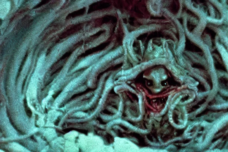 Image similar to scary filmic closeup color ground level angle movie still 35mm film color photograph of a shape shifting abstract alien organism from The Thing 1982 spewing swirling slimey tendrils inside of a child's bedroom, in the style of a horror film