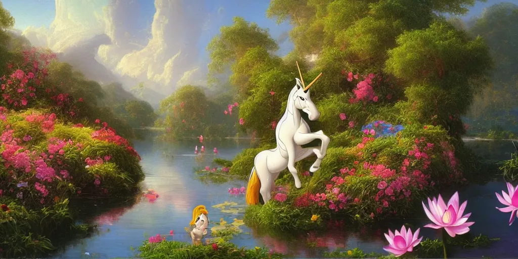 Prompt: very detailed and perfectly readable fine and soft relevant out of lines soft edges painting by beautiful walt disney animation films of the late 1 9 9 0 s and thomas cole in hd, we see a zebra unicorn standing in a lake, lotus flowers, beautiful, nice lighting, perfect readability