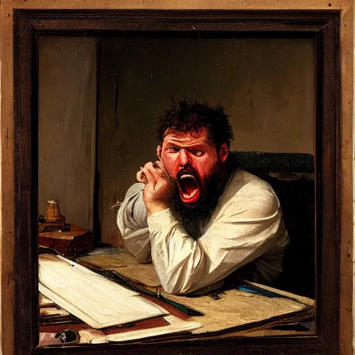 Image similar to an angry man yells at his computer monitor, oil on canvas, 1 8 8 3, highly detailed