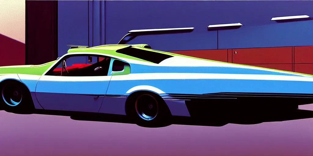 Image similar to art style by Ben Aronson and Edward Hopper and Syd Mead, wide shot view of Need for Speed, on ground level. full view of the hybrid design any two cars from 1980's, with wide body kit modification and dark pearlescent holographic paint.