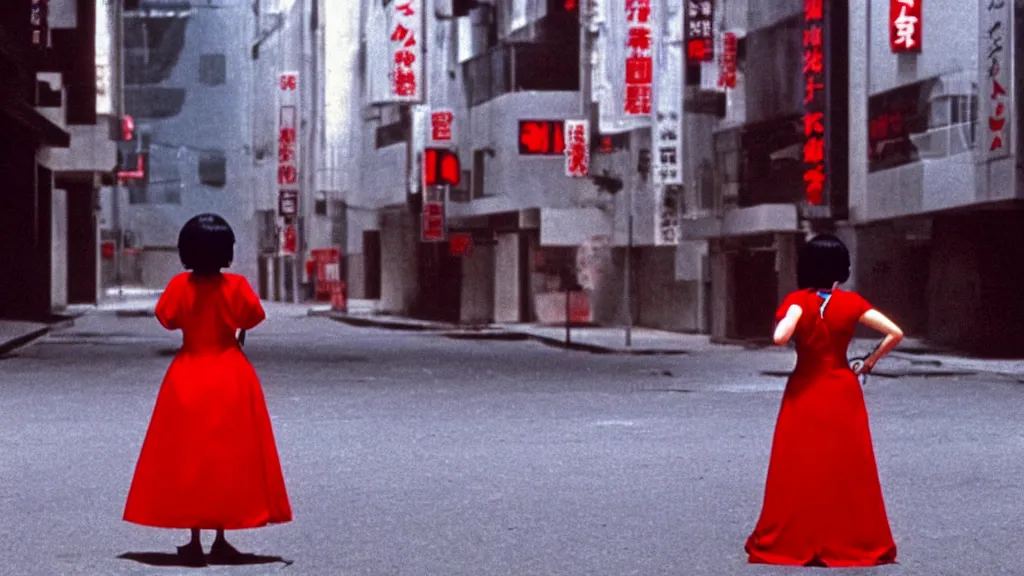 Image similar to a woman in a red dress wearing a red demon mask standing alone on an empty street in downtown Tokyo with a gun, film still from the an anime directed by Katsuhiro Otomo with art direction by Salvador Dalí, wide lens