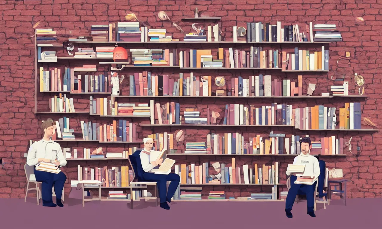 Prompt: bookshelf, stunning astronauts, brick streets, ancient manuscripts, a reader in a chair, nordic pastel colors, 3 d art, digital illustration, perfect lighting