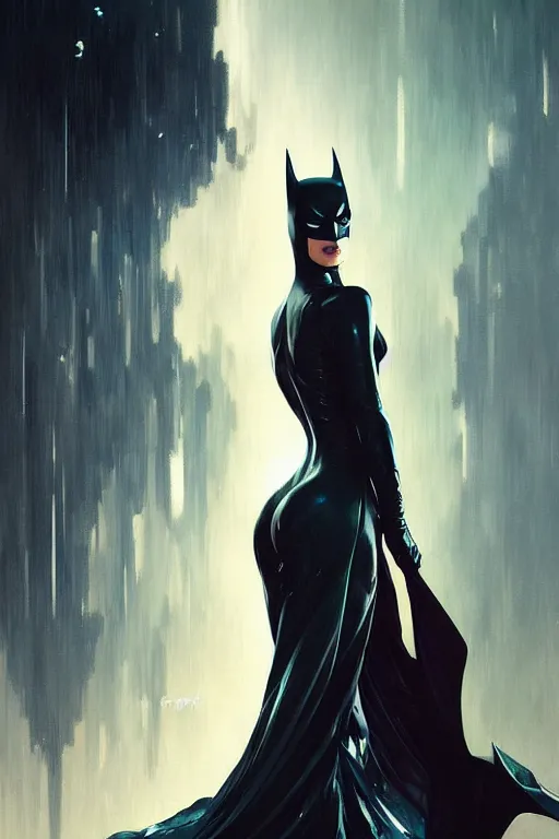 Image similar to elegant batman gown profile picture by greg rutkowski, dynamic pose, intricate, futuristic, fantasy, elegant, by stanley artgerm lau, greg rutkowski, thomas kindkade, alphonse mucha, loish, mugler, norman rockwell,