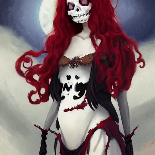 Image similar to cute & beautiful smug smiling undead skeleton girl with red hair dressed as a witch, elegant, digital art, fantasy, pixar style, painting, pin up, highly detailed, artstation, art by artgerm, vrubel, greg rutkowski, ilya kuvshinov, raymond swanland