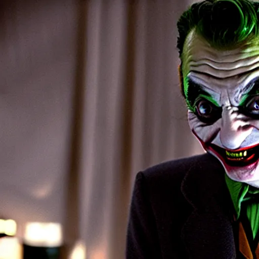 Prompt: mr. bean as the joker. movie still. cinematic lighting.