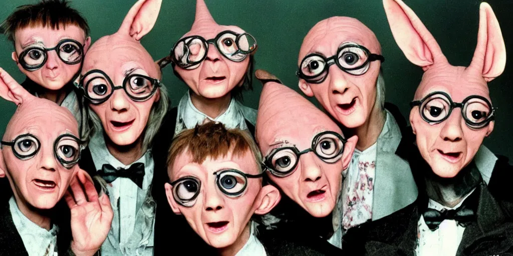 Image similar to six eyed dobby coneheads 1980s pop band, 1980s surrealism aesthetic, detailed facial expressions