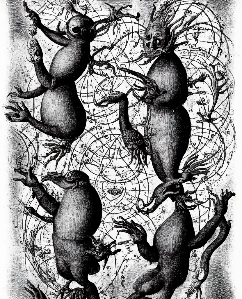 Image similar to whimsical freaky creature sings a unique canto about'as above so below'being ignited by the spirit of haeckel and robert fludd, breakthrough is iminent, glory be to the magic within