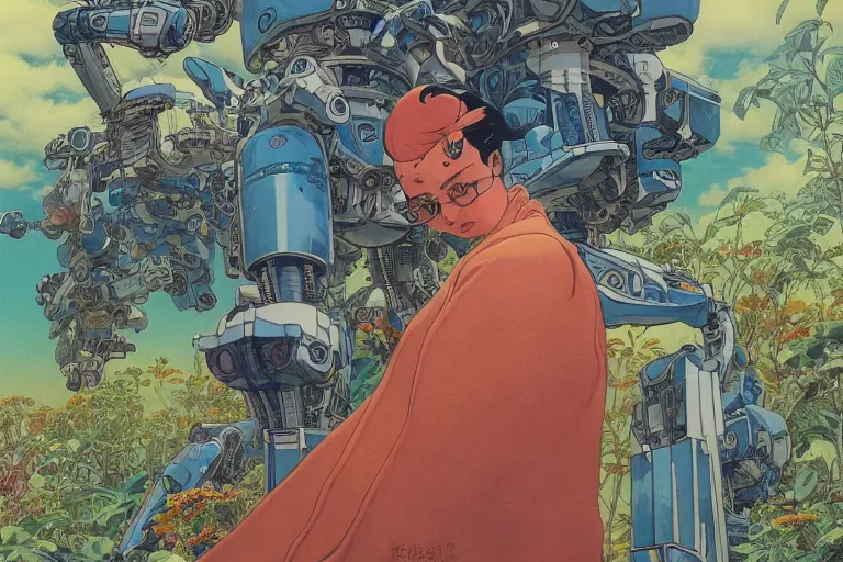 Image similar to most blues, gigantic girl head, a lot of exotic vegetation, trees, tremendous mecha robot, flowers, oldschool vintage sci - fi flat surreal design, super - detailed, 2 d gouache painting by moebius and satoshi kon, hd, 4 k, high quality