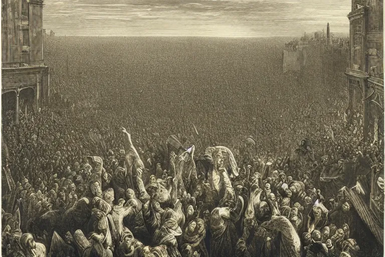 Image similar to aerial view, crowd of people looking up, Gustave Dore lithography