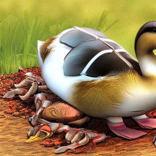 Prompt: photorealistic duck with crabs for feet