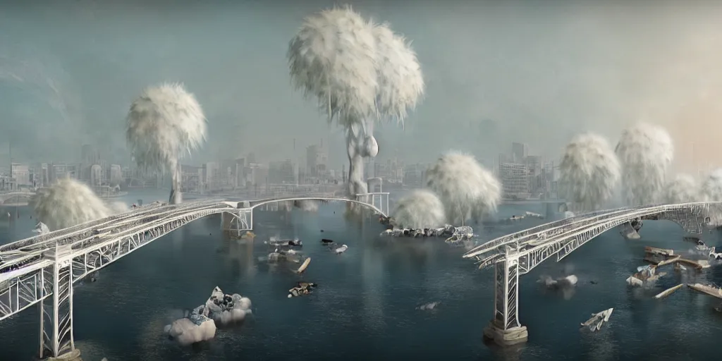 Prompt: explosions in the form of realistic white cotton plants on harbour bridge, huge white cotton everywhere on the destroyed harbour bridge, smooth, sharp focus, highly detailed, 3 d octane render, epic lighting, lots of white cotton, 8 k, by greg rutkowski and artgerm