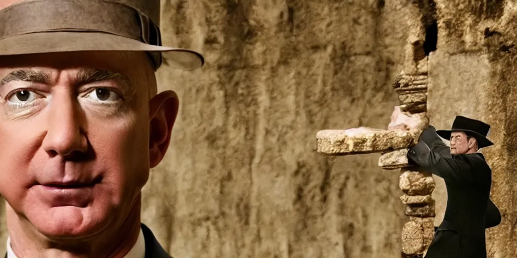 Image similar to film frame of jeff bezos taking a trasure from an ancient temple. indiana jones style 4 k quality rule of thirds jeff bezos dressed as indiana jones detail cinematic color grading by christopher nolan. portrait photography. close shot