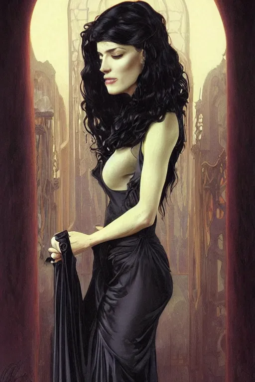 Image similar to claudia black as morticia addams, masterpiece, intricate, elegant, highly detailed, digital painting, artstation, concept art, smooth, sharp focus, illustration, art by artgerm and greg rutkowski and alphonse mucha and uang guangjian and gil elvgren and sachin teng, symmetry!!