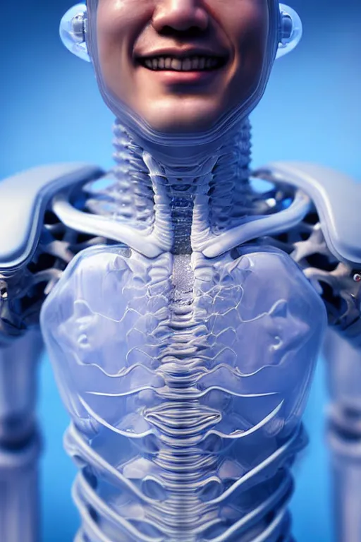 Image similar to hyperrealistic close-up translucent intricate exoskeleton!! smiling chinese man covered highly detailed concept art eric zener elson peter cinematic side soft blue light high angle hd 8k sharp shallow depth of field