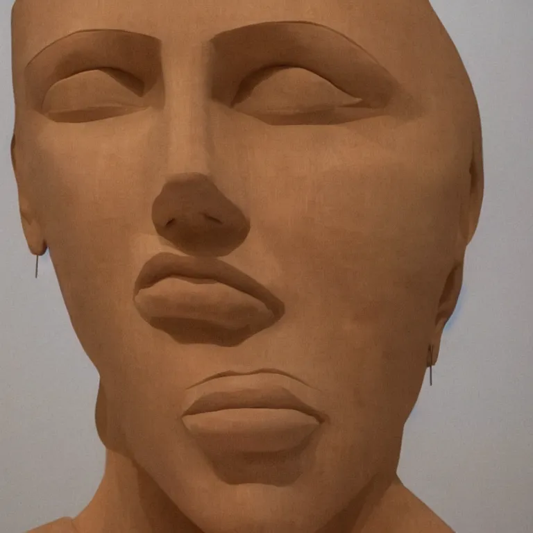 Image similar to 2 0 0 ft sculpture geometric minimalist!!! accurate portrait of scarlett johansson, beautiful symmetrical!! face accurate face detailed face realistic proportions, hand - carved out of red oak wood on a pedestal by stephan balkenhol and martin puryear, cinematic lighting shocking detail 8 k