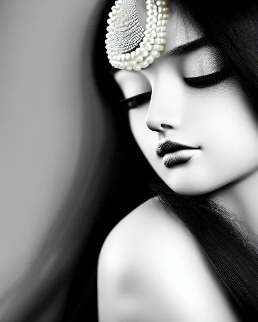 Image similar to black and white dreamy young beautiful veiled female artificial intelligence, realistic pearl ornament in the face, long hair are intricate with highly detailed realistic pearls, cinematic, rim light, bokeh, photo - realistic, elegant, high detail, 8 k, masterpiece, photo taken in 1 9 3 0