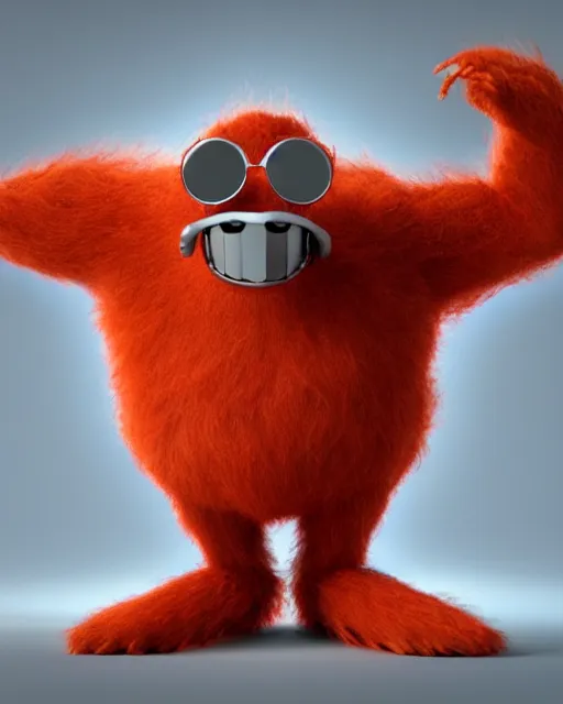 Image similar to 3 d render of completely red hairy friendly antropomorphic cartoony creature wearing chrome shades, without nose, full body, in the style of pixar, white background, unreal engine 5, octane render, highly detailed hdr