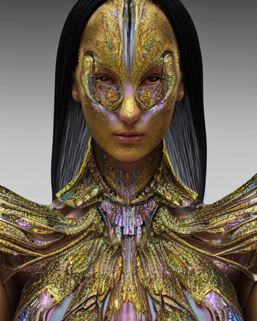 Image similar to a highly detailed metahuman 4 k close up render of an alien goddess nymph bella hadid in iris van herpen dress schiaparelli in diamonds crystals swarovski and jewelry iridescent in style of alphonse mucha gustav klimt trending on artstation made in unreal engine 4