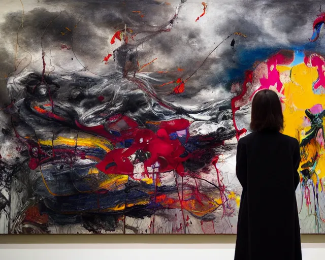 Prompt: otherworldly being standing in gallery of art, a brutalist designed, rich deep vivid colours, broad brush strokes!, painted by francis bacon, michal mraz, adrian ghenie, nicola samori, james jean!!! and petra cortright, part by gerhard richter, part by takato yamamoto. 8 k masterpiece.