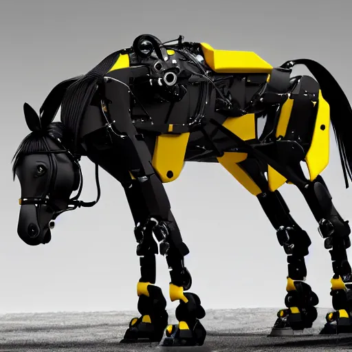 Image similar to boston dynamics horse robot, black with yellow accents, photorealistic, 8 k, octane render