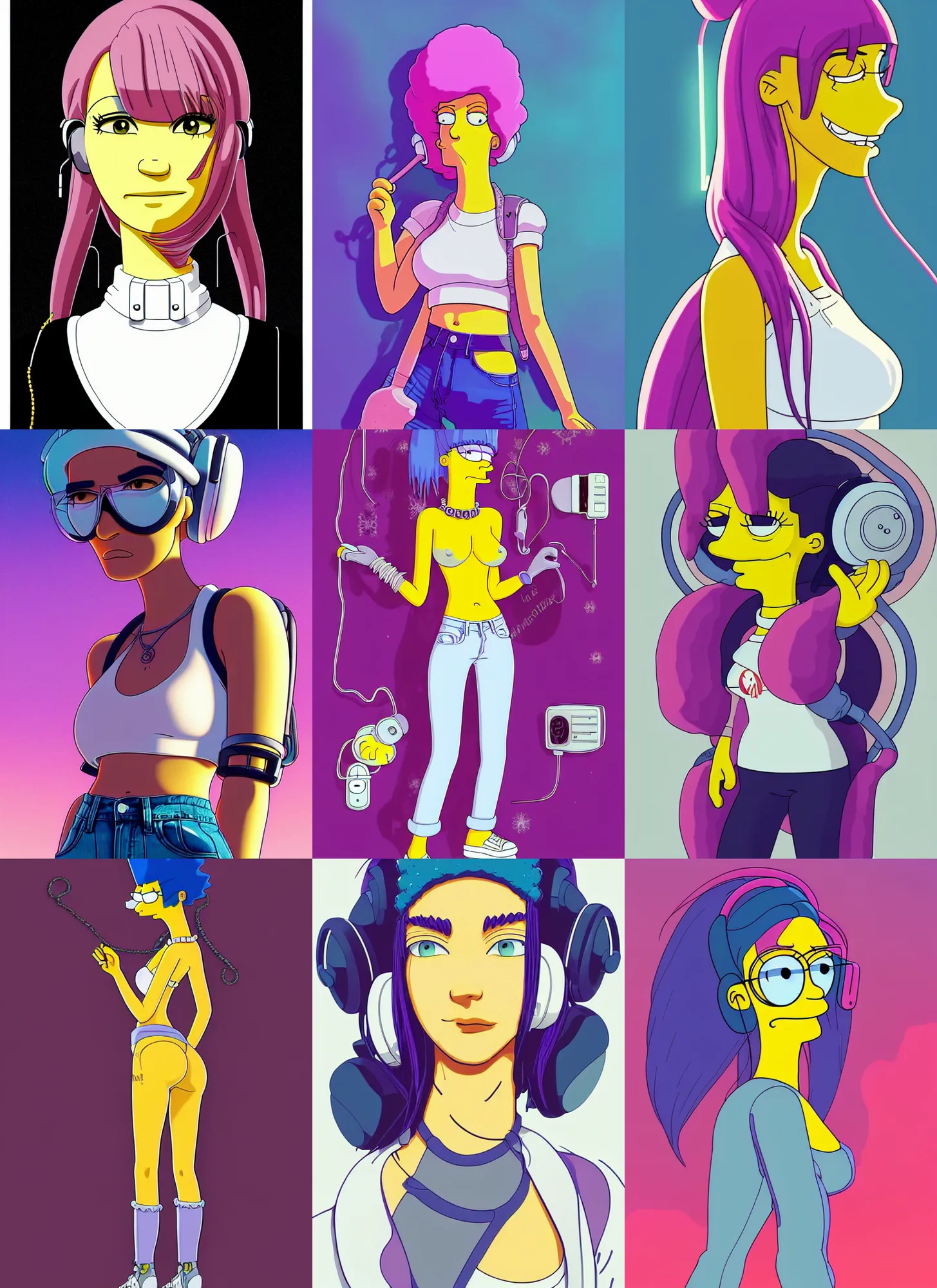 Prompt: simpsons portrait : : soft lustrous beautiful biotech raver white emo winter streetwear madison beer cyborg woman, low - rise jeans. earbuds, hi - fructose, sci - fi fantasy cyberpunk decadent highly - detailed digital vector anime, artstation, concept art, sharp focus, smooth, artgerm, mucha, loish, wlop
