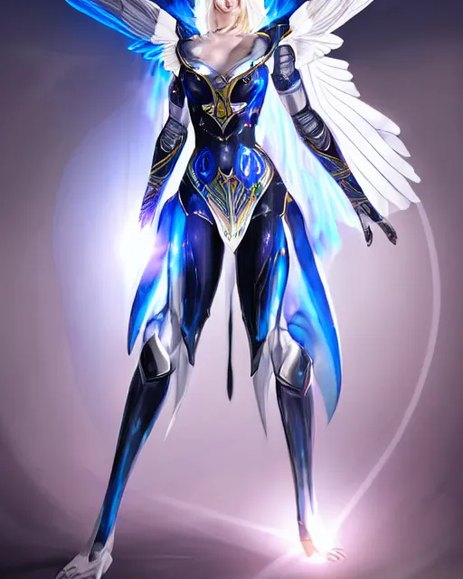 Image similar to perfect white haired attractive egyptian goddess with huge white dove wings, warframe armor, beautiful, symmetric, marilyn monroe, half asian, pretty face, blue eyes, detailed, scifi platform, laboratory, experiment, 4 k, ultra realistic, epic lighting, android body, illuminated, cinematic, masterpiece, art by akihito tsukushi, voidstar