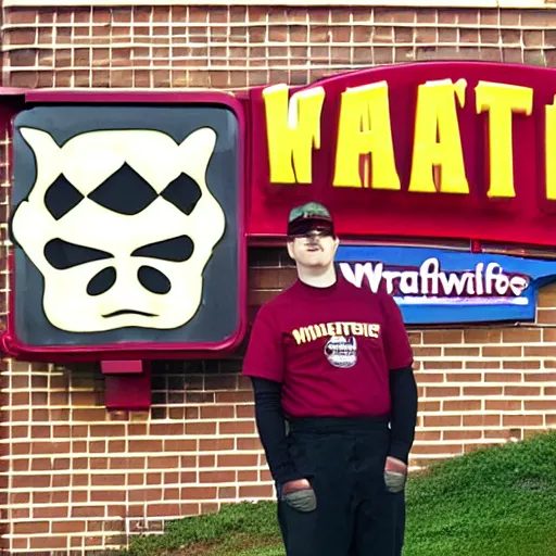 Image similar to wafflehouse employee's standing below wafflehouse sign