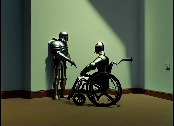 Image similar to knight in armor in a wheelchair do tricks, minsk, highly detailed, soft lighting, elegant, works by edward hopper and james gillard, zdislaw beksinski, stephen outram, andreas m wiese, highly detailed, masterpiece. rendered in blender, smooth shadows, ultra detail, high resolution, unreal 6, 8 k