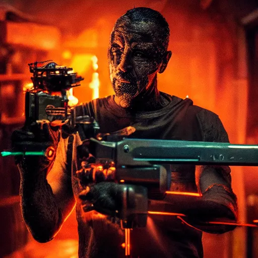 Prompt: gun made from old egg beater, balding older cyborg repairing, red hot soldering iron, dark messy smoke - filled cluttered workshop, dark, dramatic lighting, orange tint, cinematic, highly detailed, sci - fi, futuristic, movie still from blade runner