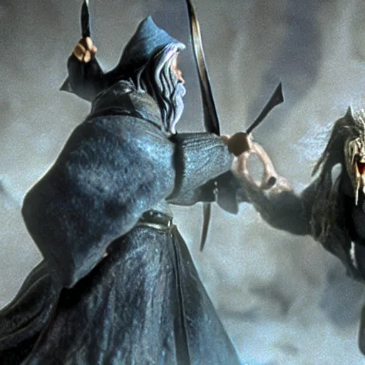 Prompt: a film still of gandalf fighting a balrog, claymation