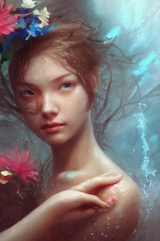 Image similar to face closeup a young beautiful girl drowned in water, underwater photography, nymph, siren, 3 d render, hyper realistic detailed portrait, holding magic flowers, ruan jia, wlop. scifi, fantasy, hyper detailed, octane render, concept art, by peter mohrbacher, by wlop, by ruan jia