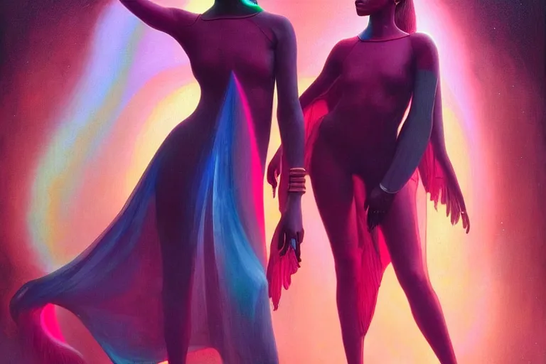 Image similar to patron saint of 🛸🌈👩🏾, futuristic clothing, neon god of city character portrait, in the style of moebius, tom bagshaw, and waterhouse, cinematic lighting, beautiful, elegant, oil painting,