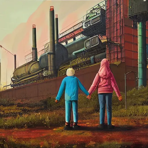 Image similar to a family holding hands, looking at an abandoned steelworks by simon stalenhag