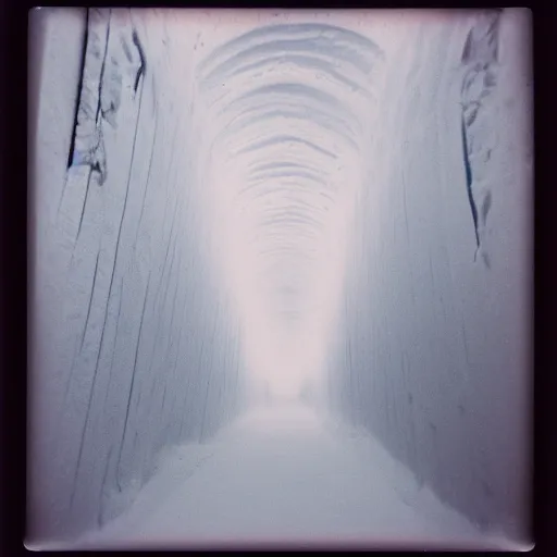Image similar to a dark and narrow ice tunnel, dark, creepy, eerie, unsettling, terrifying, old polaroid, expired film, deep,