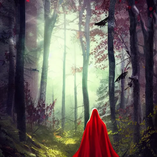 Prompt: cinematic, fierce red riding hood with a scar on her face standing in a dark forest, dark, 4k, artstation, highly rendered, beautiful, high resolution