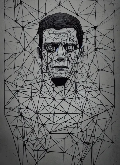 Image similar to symmetry!! portrait of frankenstein by sachin teng, organic, cables, black and white, matte painting, geometric shapes, hard edges! graffiti, street art