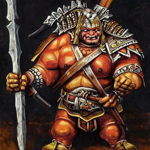 Image similar to ogre warrior wearing plated armor who is holding a battle axe in the style of warhammer fantasy : : head and torso oil painting