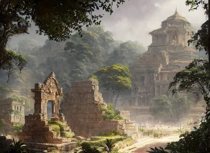 Image similar to Tyrona, Bustling coastal walled ancient city with Roman and Southeast Asian architecture surrounded by lush tropical jungle, anime, lush trees, fountain, a fantasy digital painting by Greg Rutkowski and James Gurney, trending on Artstation, highly detailed