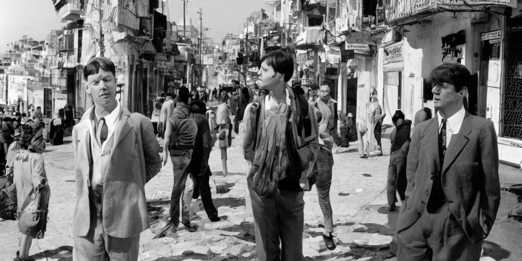 Image similar to a portrait of joe orton and Kenneth Halliwell, a busy street in algiers, a bright sunny day, an algierian beach