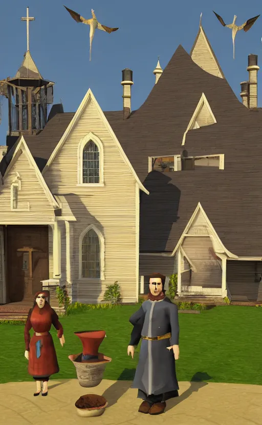 Prompt: American Gothic by Grant Wood in the style of Runescape, high quality render