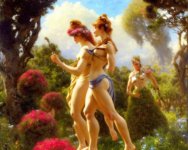 Image similar to muscular athena and muscular goddess frolic in a meadow of beautiful flowers, large topiary and marble pillars in the background, painting by gaston bussiere, craig mullins, j. c. leyendecker, tom of finland