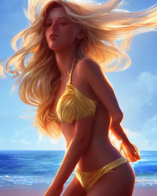 Image similar to summer vibes, beautiful sun tanned goddess, flowy golden hair, sun, summer, cinematic lighting, highly detailed, digital painting, trending on artstation, pixiv, concept art, sharp focus, illustration, art by ross tran and wlop