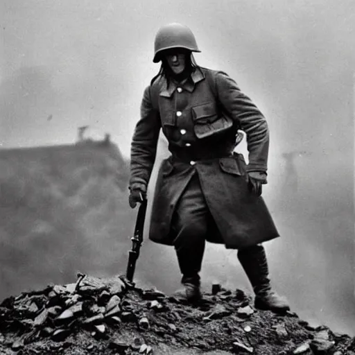 Prompt: omni man, historical photo, ww 2, trench