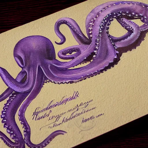 Image similar to close - up lilac envelope letter stamped with a wax seal with an octopus emblem, intricate hyper detailed ultra sharp, sharp focus, global illumination, painting, museum, masterpiece, vermeer, radiant light, 4 k, ultra hd,