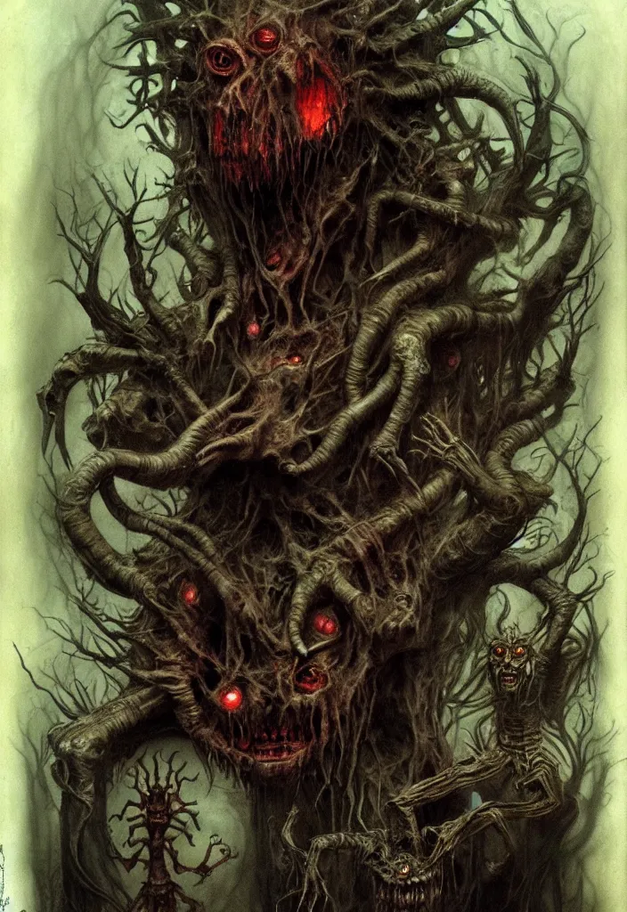 Prompt: an eerie uncanny hell with strange eerie magical scary creatures, horror, concept art, detailed, award - winning, by guillermo del toro, by brian froud